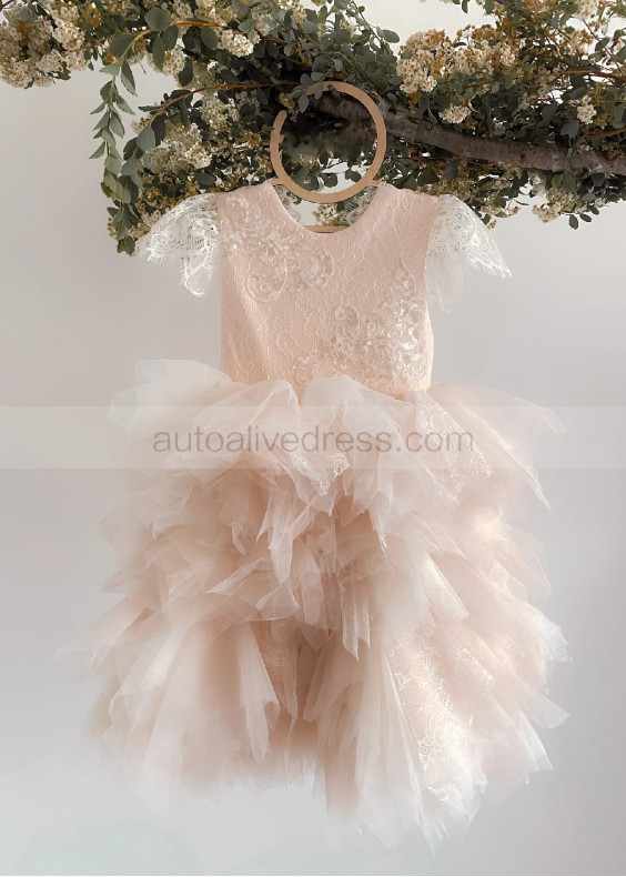 Lace Tulle Ruffled Sheer Back Flower Girl Dress Lace Tulle Ruffled Sheer Back Flower Girl Dress